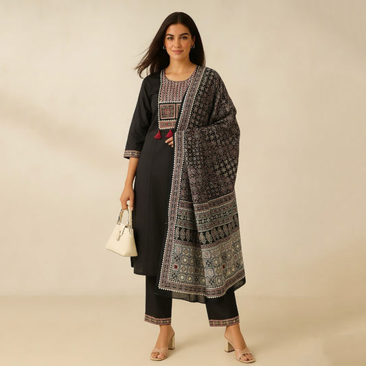Black Cotton Straight Suit Set with Printed Dupatta