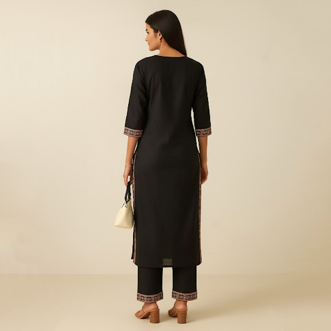 Black Cotton Straight Suit Set with Printed Dupatta