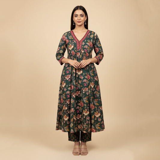 Floral Anarkali Straight Suit Set with Dupatta