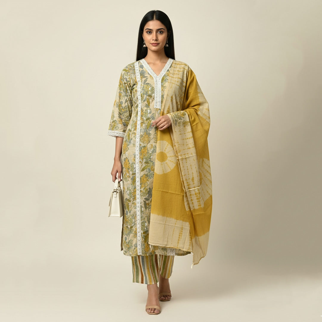 Yellow Cotton Straight Suit Set with Dupatta and Lace Work