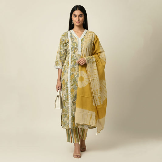 Yellow Cotton Straight Suit Set with Dupatta and Lace Work