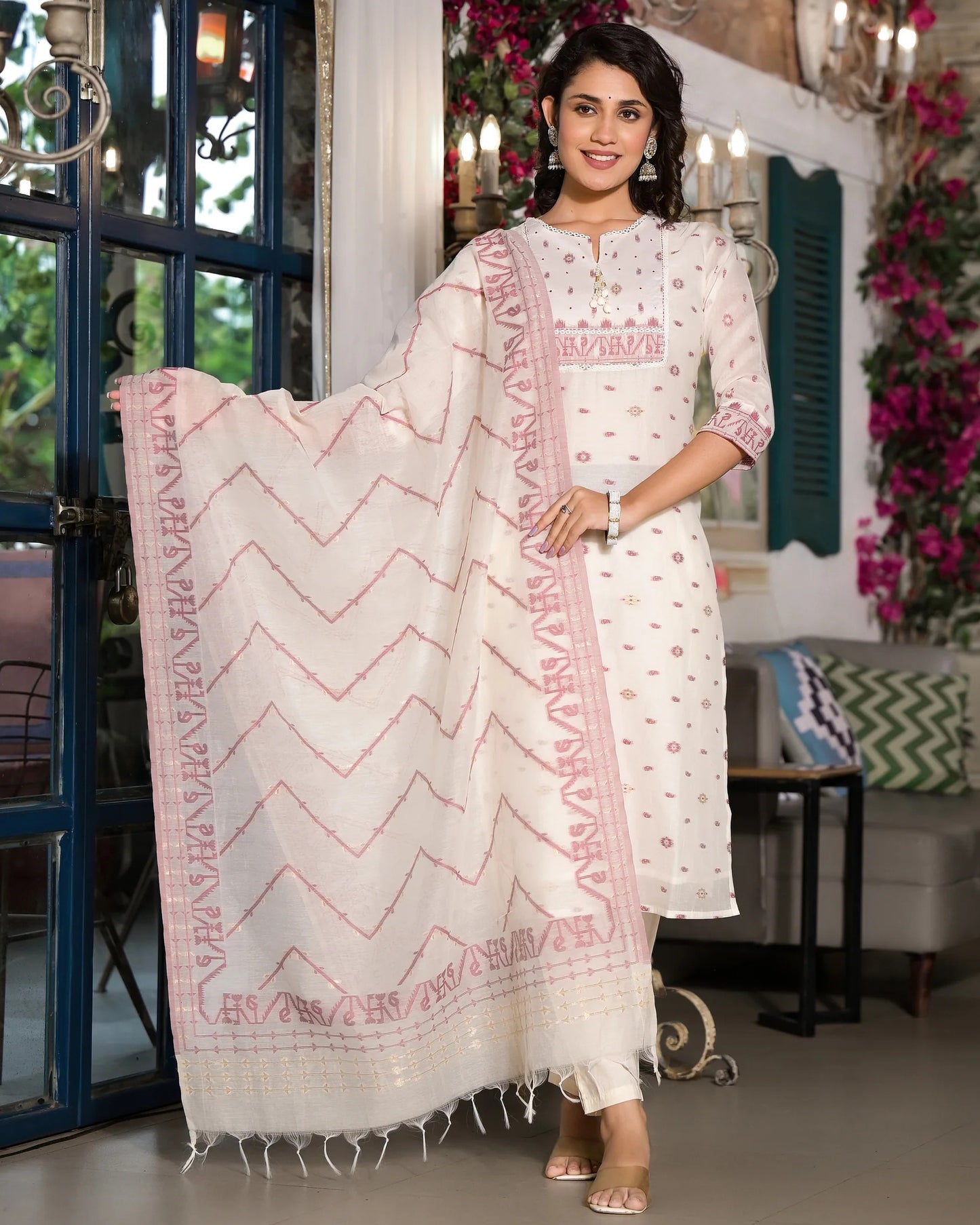 Off-white Cotton Chanderi Straight Suit Set with Dupatta