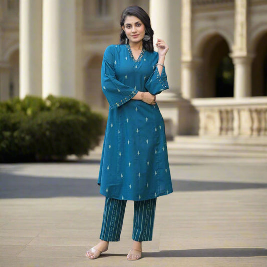 Dark Blue Cotton Linen Kurta Pant Co-ord Set