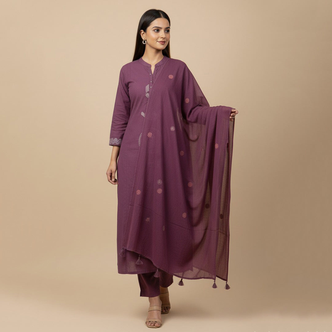 Purple Embroidered Straight Suit Set with Dupatta