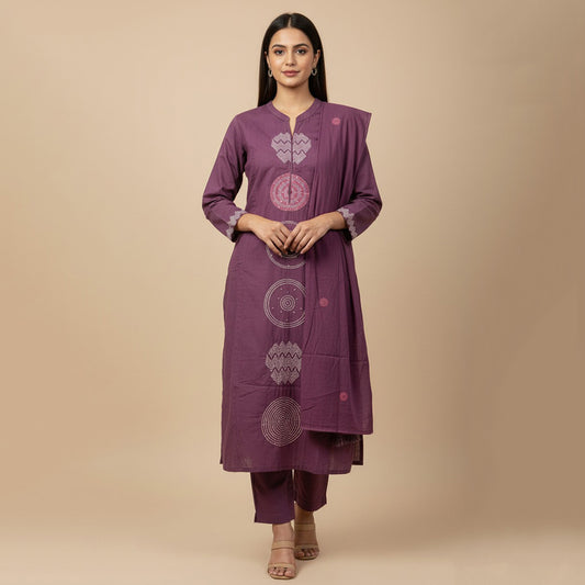 Purple Embroidered Straight Suit Set with Dupatta