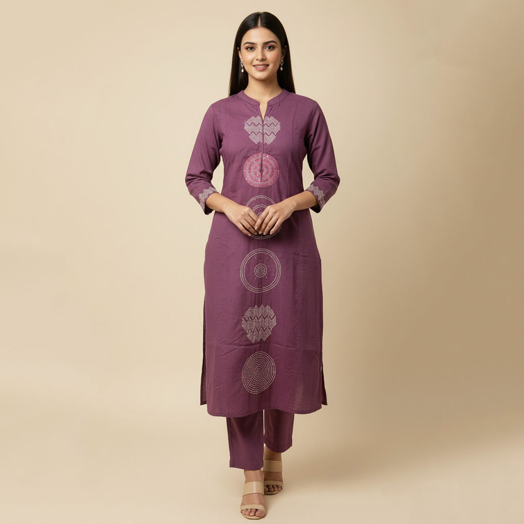 Purple Embroidered Straight Suit Set with Dupatta