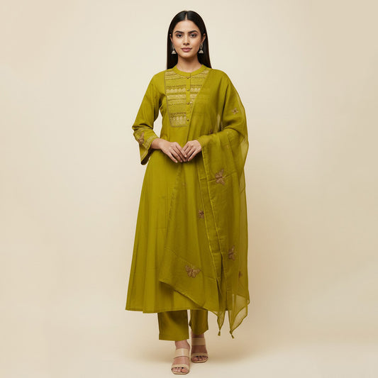 Yellow A-Line Straight Suit Set with Dupatta