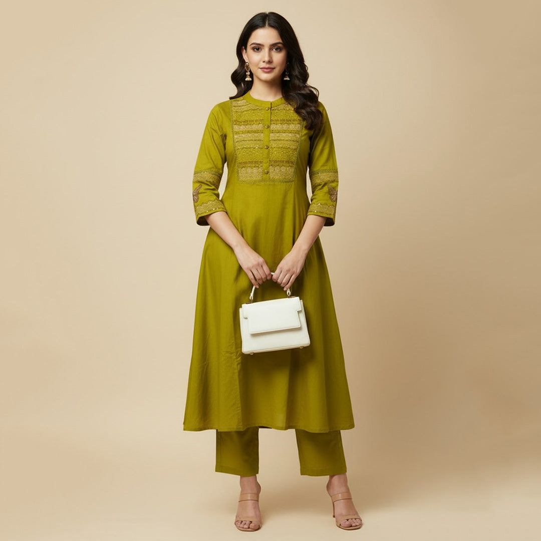 Yellow A-Line Straight Suit Set with Dupatta