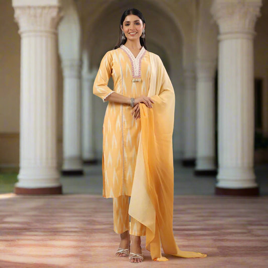 Yellow Cotton Linen Straight Suit Set with Dupatta