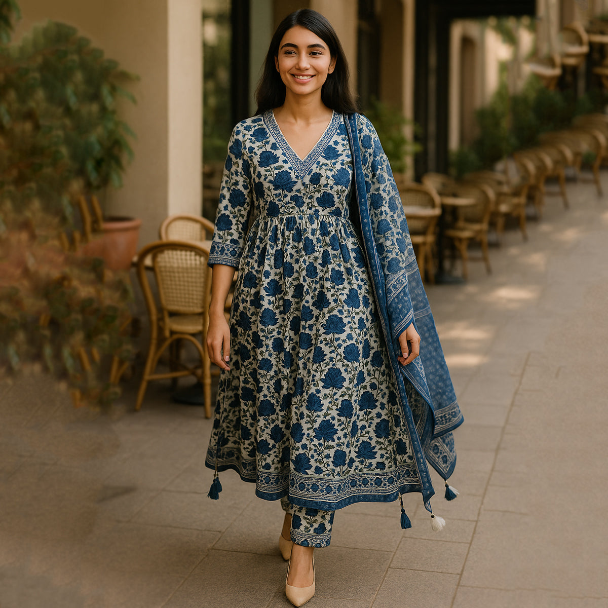 Blue White Anarkali Suit Set with Dupatta