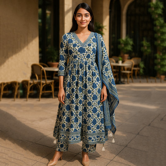Blue White Anarkali Suit Set with Dupatta