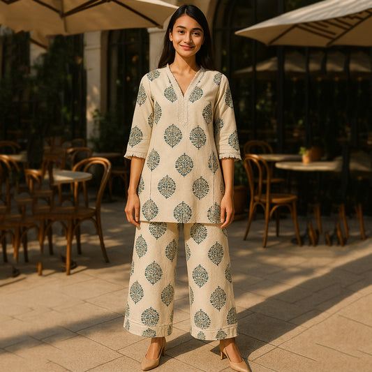 Green Off-white Linen Kurta Pant Co-ord Set