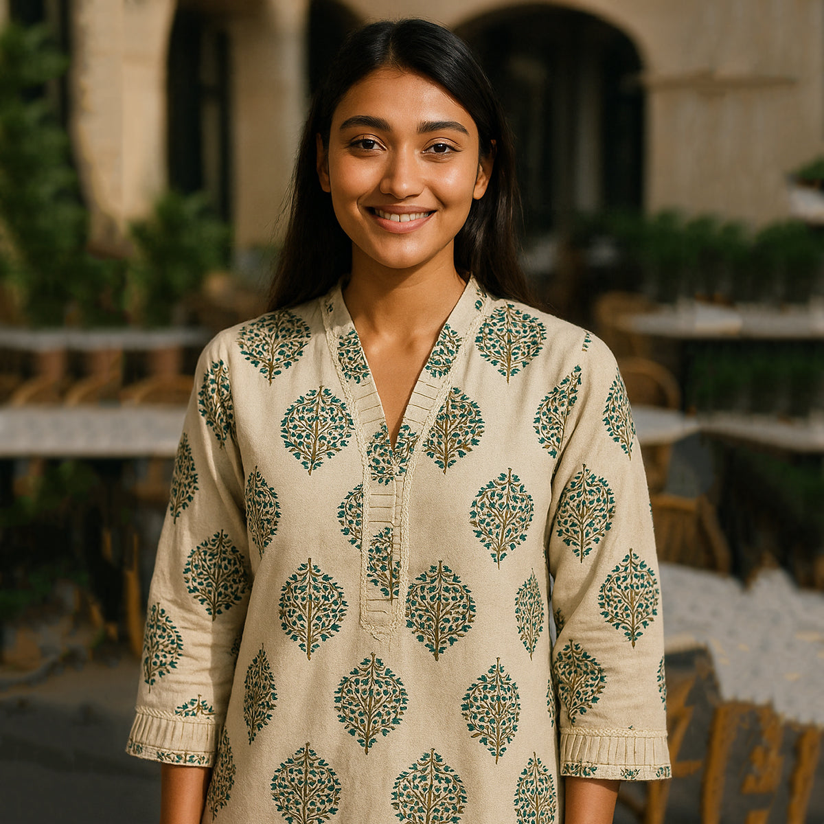 Green Off-white Linen Kurta Pant Co-ord Set