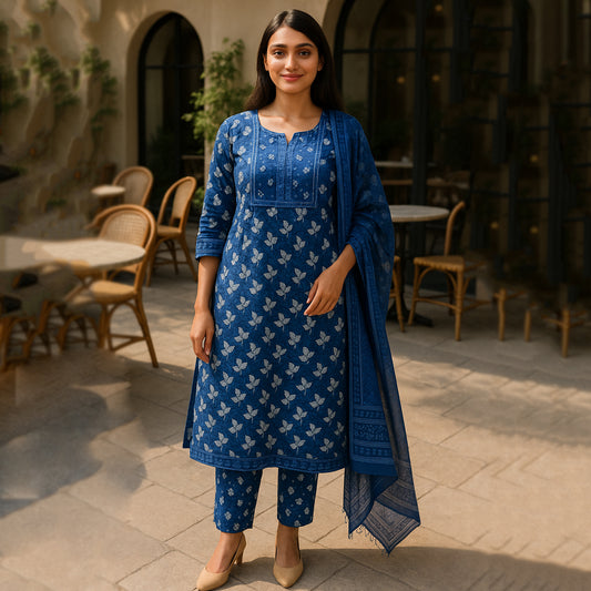 Dark Blue Straight Suit Set with Dupatta