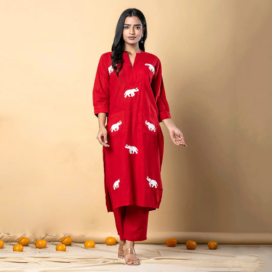 Red White Embroidered Kurta Pant Co-ord Set