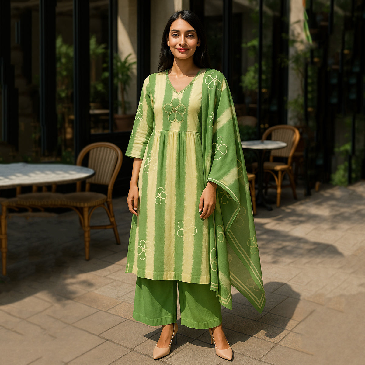 Green Cream A-Line Suit Set with Dupatta
