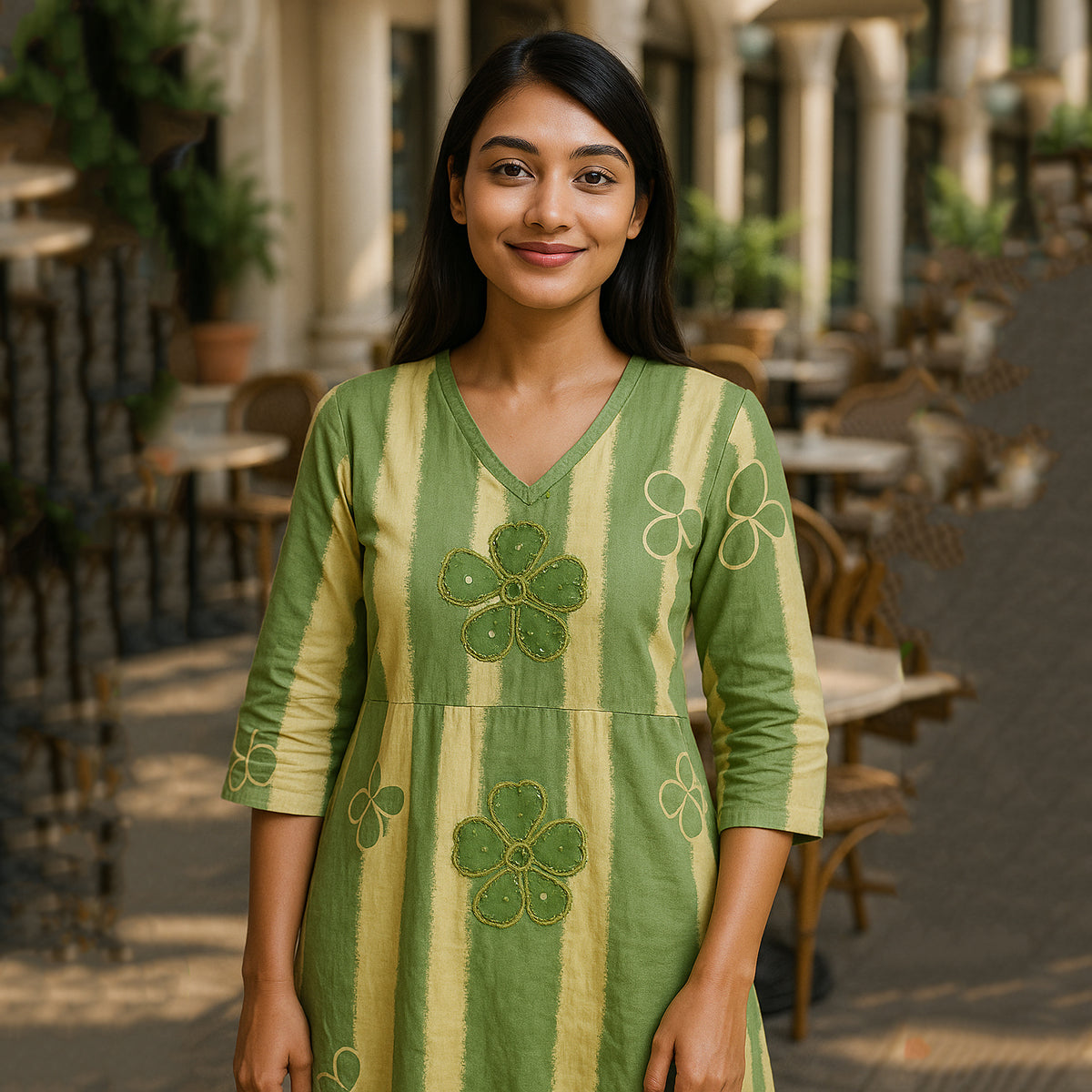 Green Cream A-Line Suit Set with Dupatta