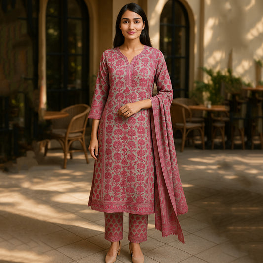 Pink Grey A-Line Suit Set with Dupatta