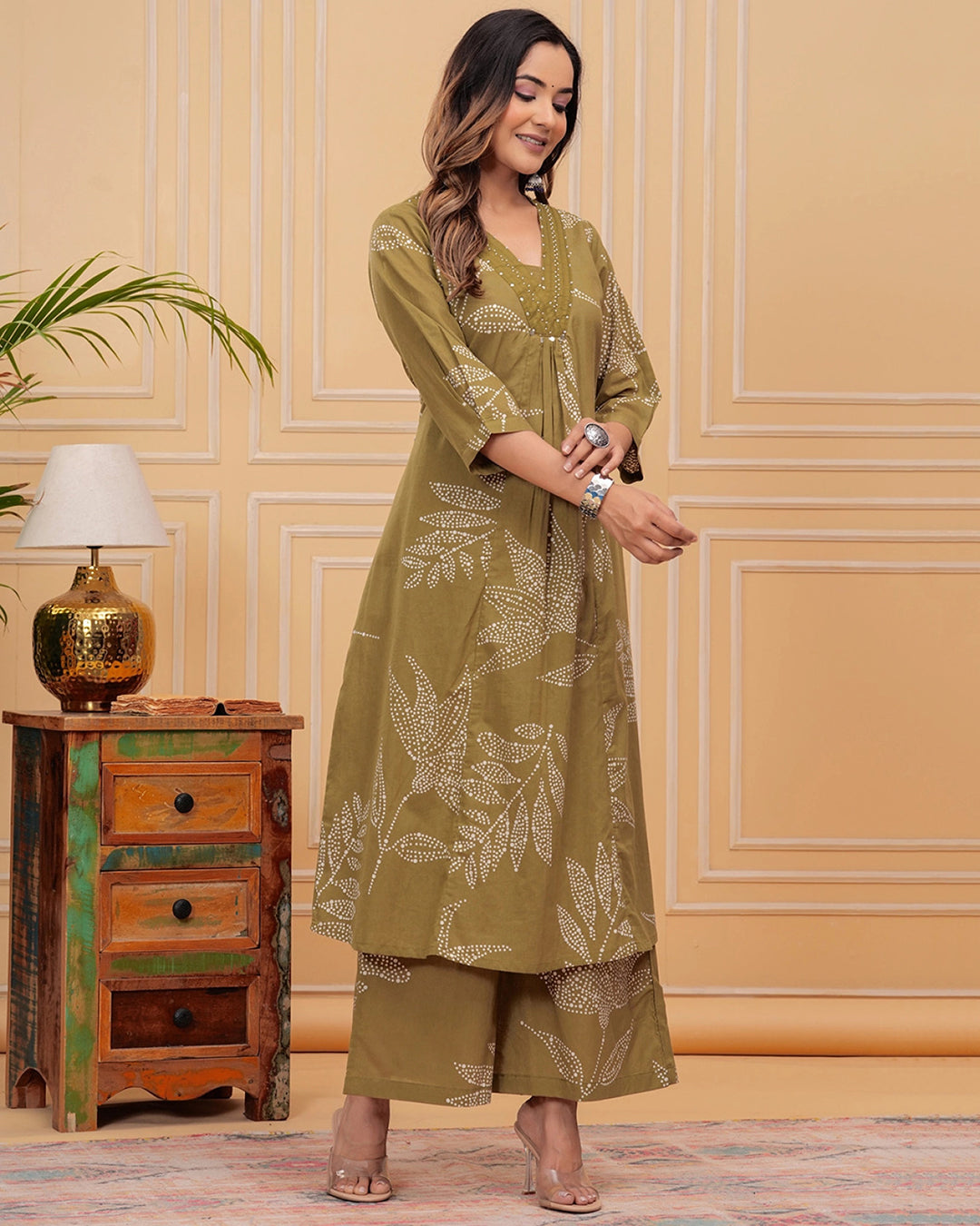 Olive Green Cotton Kurta Pant Co-ord Set