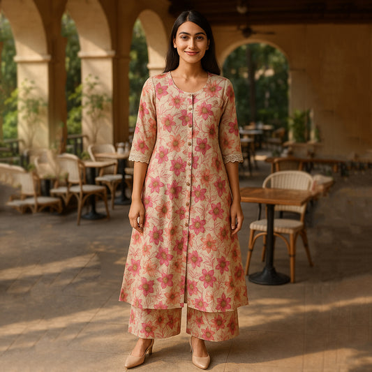 Pink White A-Line Kurta Pant Co-ord Set