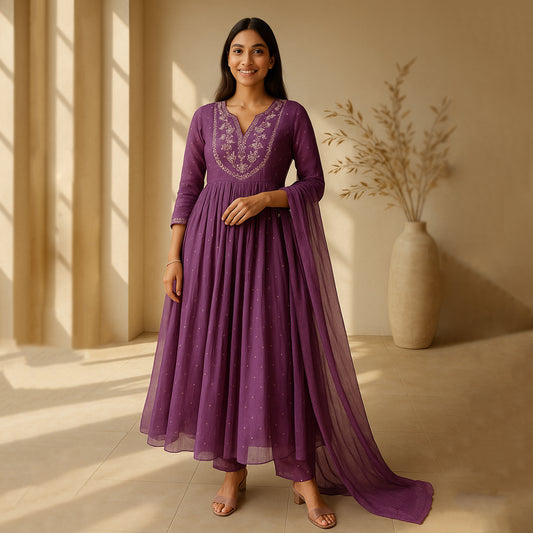 Purple Anarkali Suit Set with Dupatta