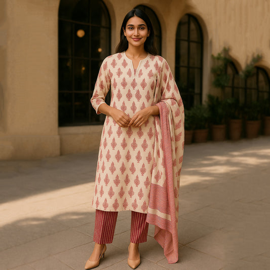 Off-White Red Straight Suit Set with Dupatta