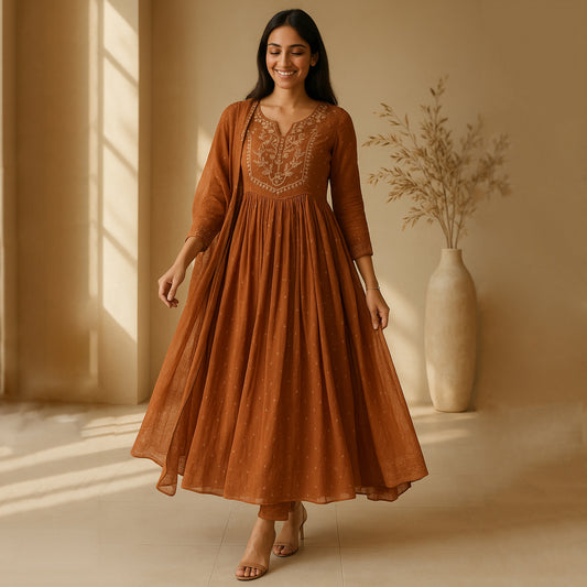Rust anarkali Suit Set with Dupatta