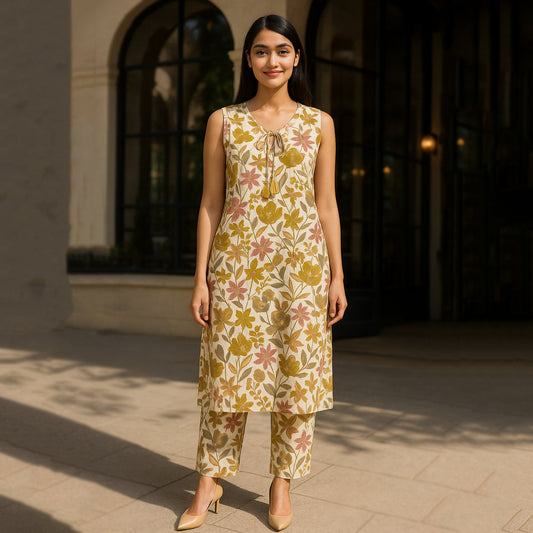 Yellow White Linen Kurta Pant Co-ord Set