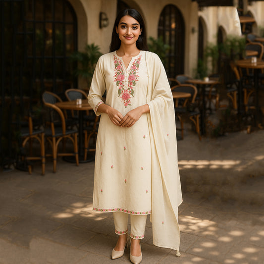 White Pink Straight Suit Set with Dupatta