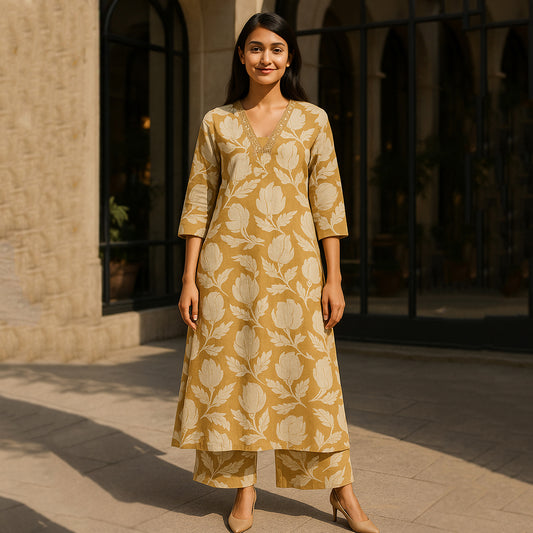 Yellow White Linen Kurta Pant Co-ord Set